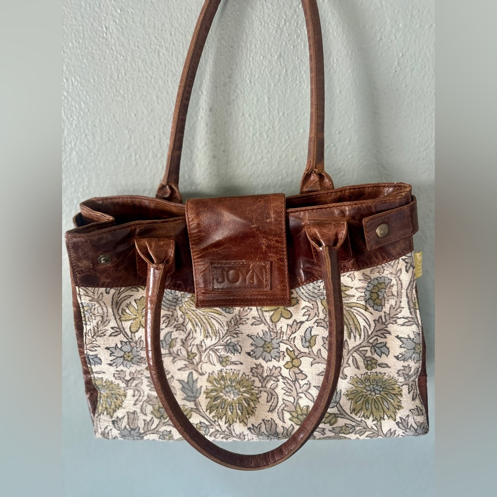JOYN Vintage Distressed Leather & Floral Canvas Tote